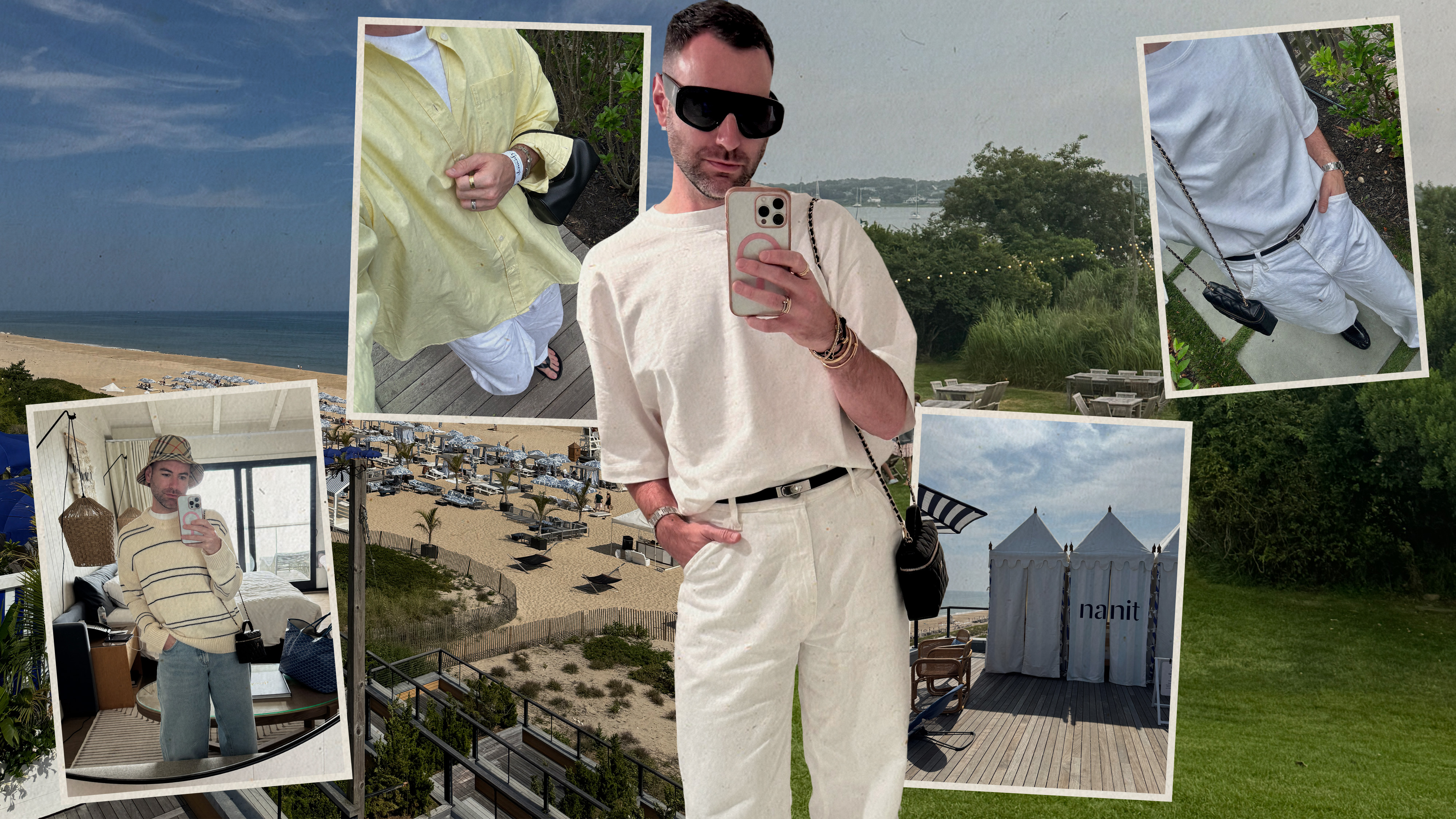 Collage of Bobby Schuessler wearing summer outfits in Montauk.