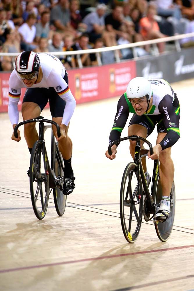 Matthew Glaetzer of Australia (R) and Max Niederlag of Germany (L) compete in the mens sprint final