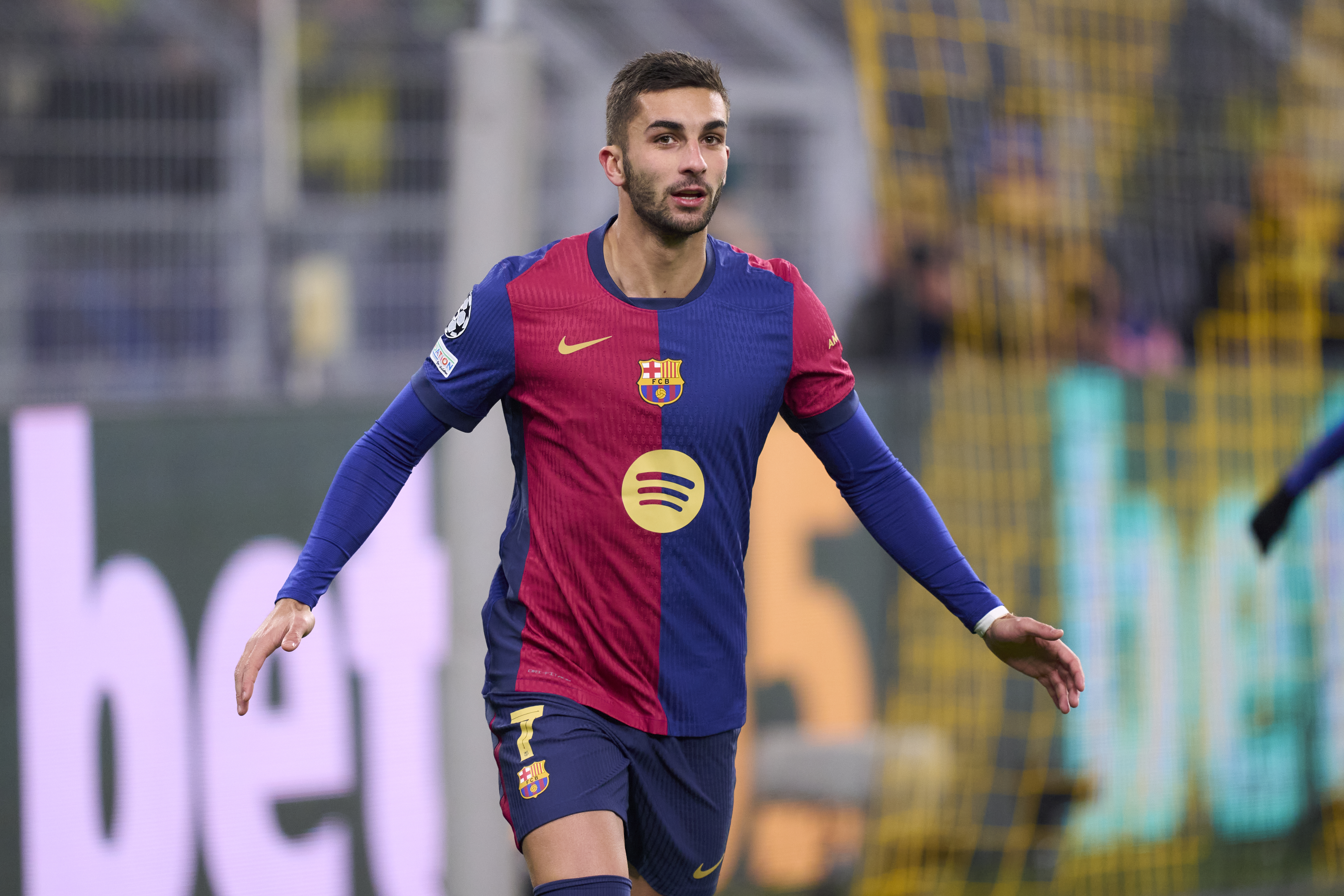 Ferran Torres celebrates after scoring for Barcelona against Borussia Dortmund in the Champions League in December 2024.