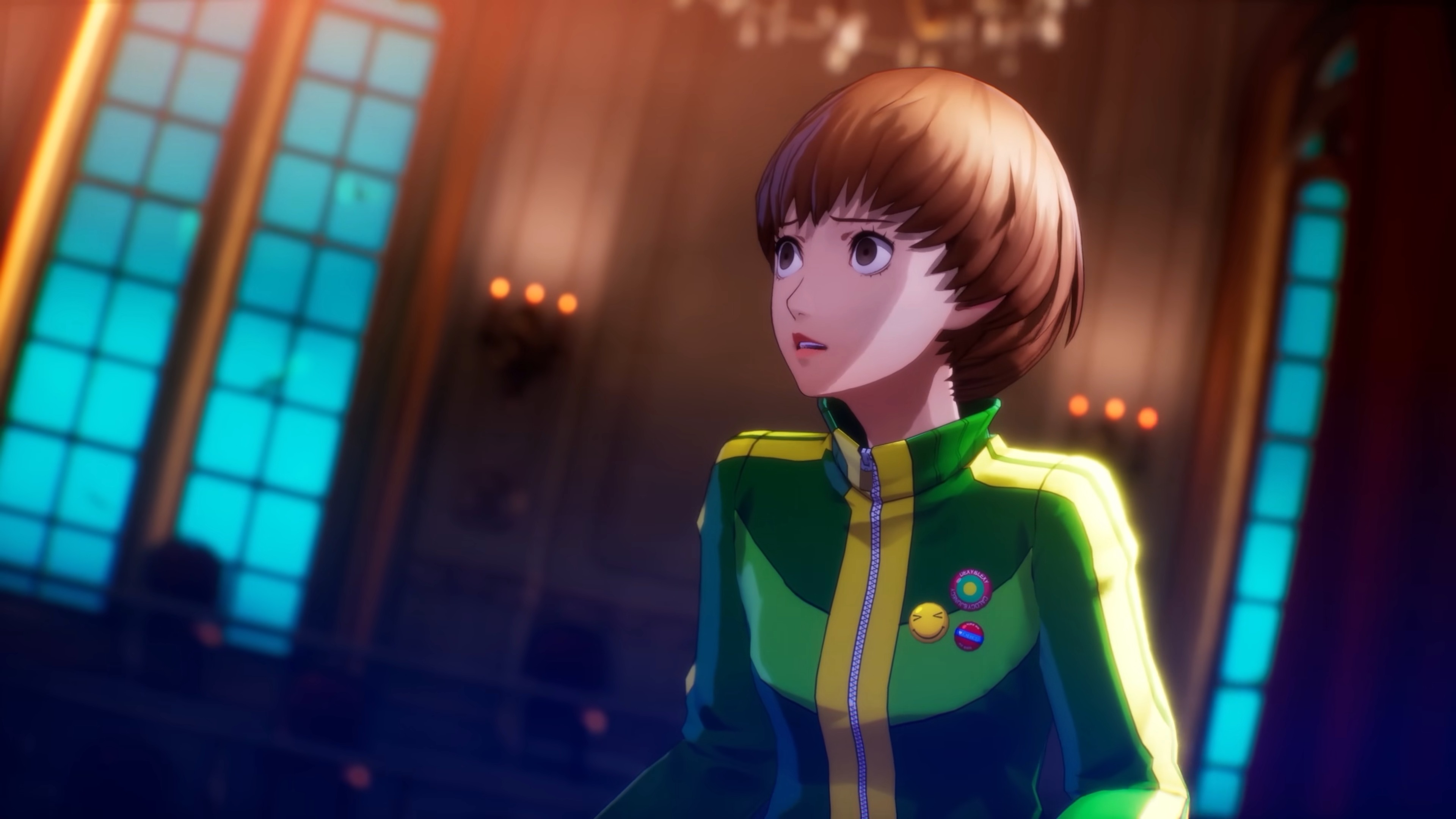 Chie Satonaka looks scared in a Persona 4 Revival screenshot.