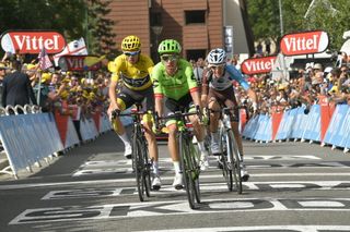 Rigoberto Uran leads Chris Froome and Romain Bardet over the line into Serre-Chevalier