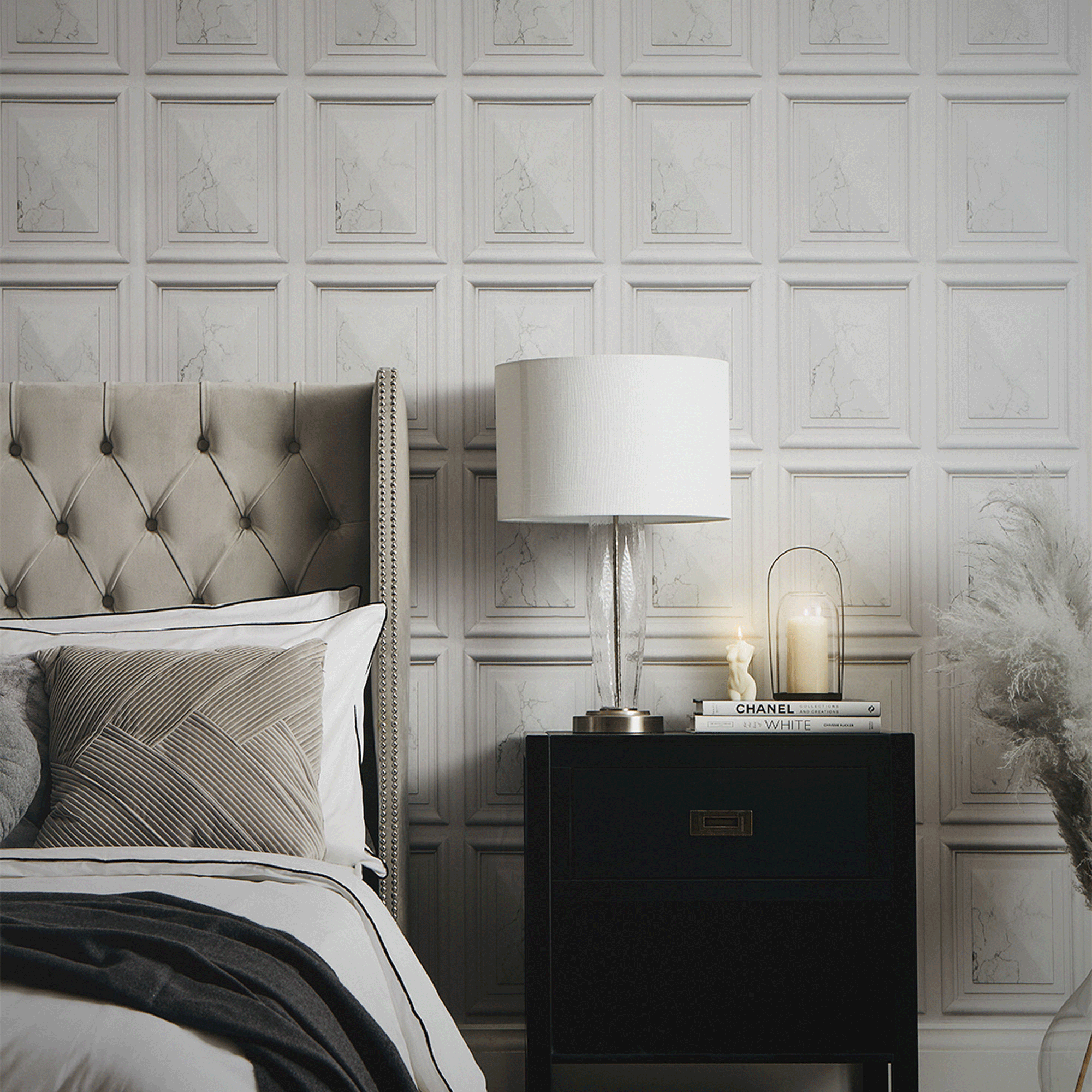 Grey panelling wallpaper in a bedroom