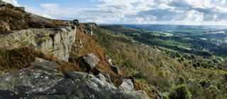 Panoramic view of Curbar Edge and the Derwent Valley, Peak District National Park, Derbyshire.