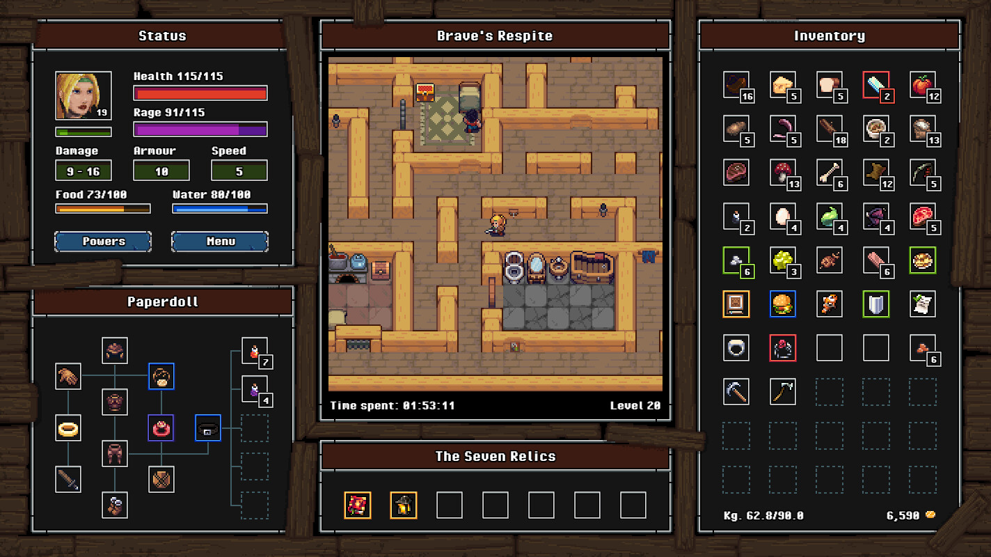 Crazy Hyper Dungeon Chronicles gameplay screen showing labyrinth maze, pixel art, inventory panel based UI.