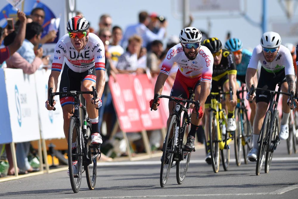 Alexander Kristoff (UAE Team Emirates) beats Coquard and Bouhanni to the line on stage 1 of the 2019 Tour of Oman