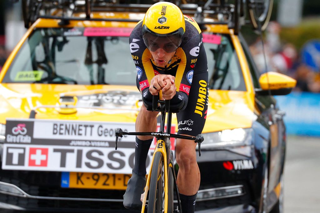 Team JumboVisma rider New Zealands George Bennett competes in the first stage of the Giro dItalia 2021 cycling race a 86 km individual time trial on May 8 2021 in Turin Photo by Luca Bettini AFP Photo by LUCA BETTINIAFP via Getty Images