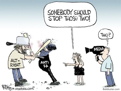 Political cartoon U.S. Antifa alt-right Charlottesville media news cycle
