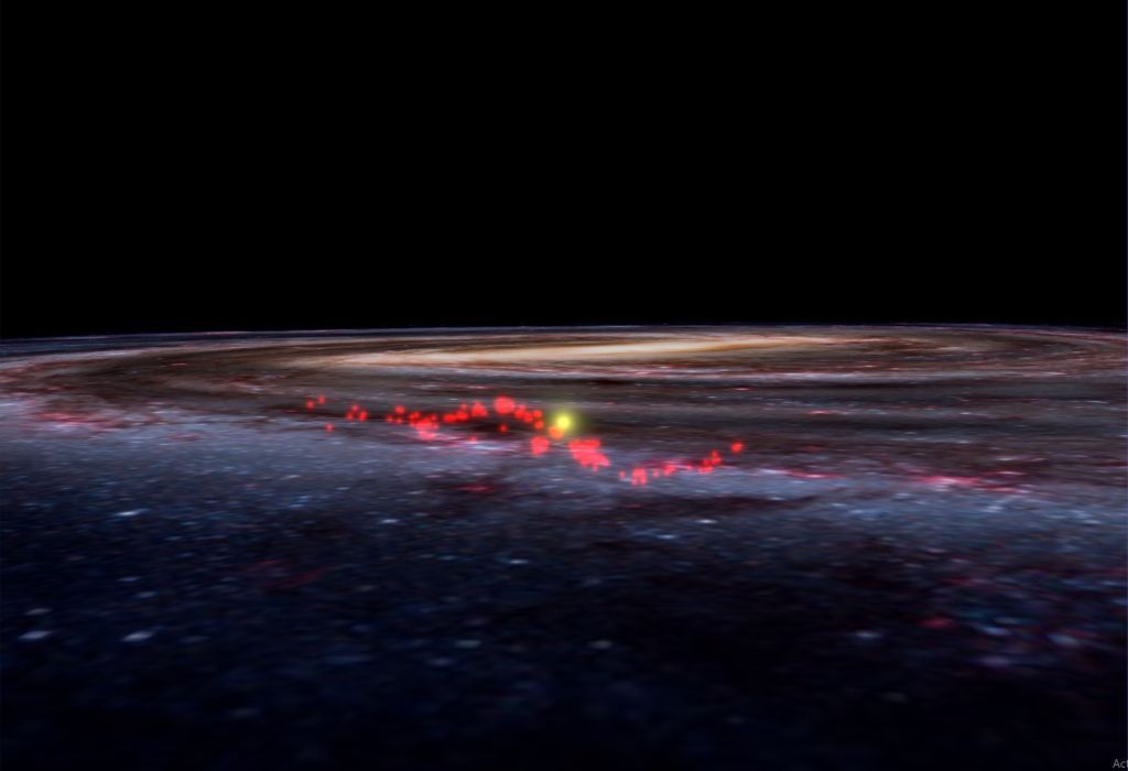 This visualization shows the massive Radcliffe Wave towering over the Milky Way&#039;s disk. 