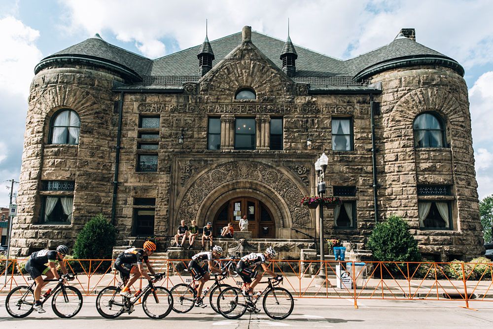 The beautiful Maple Tainter Memorial building looms over the closing circuits