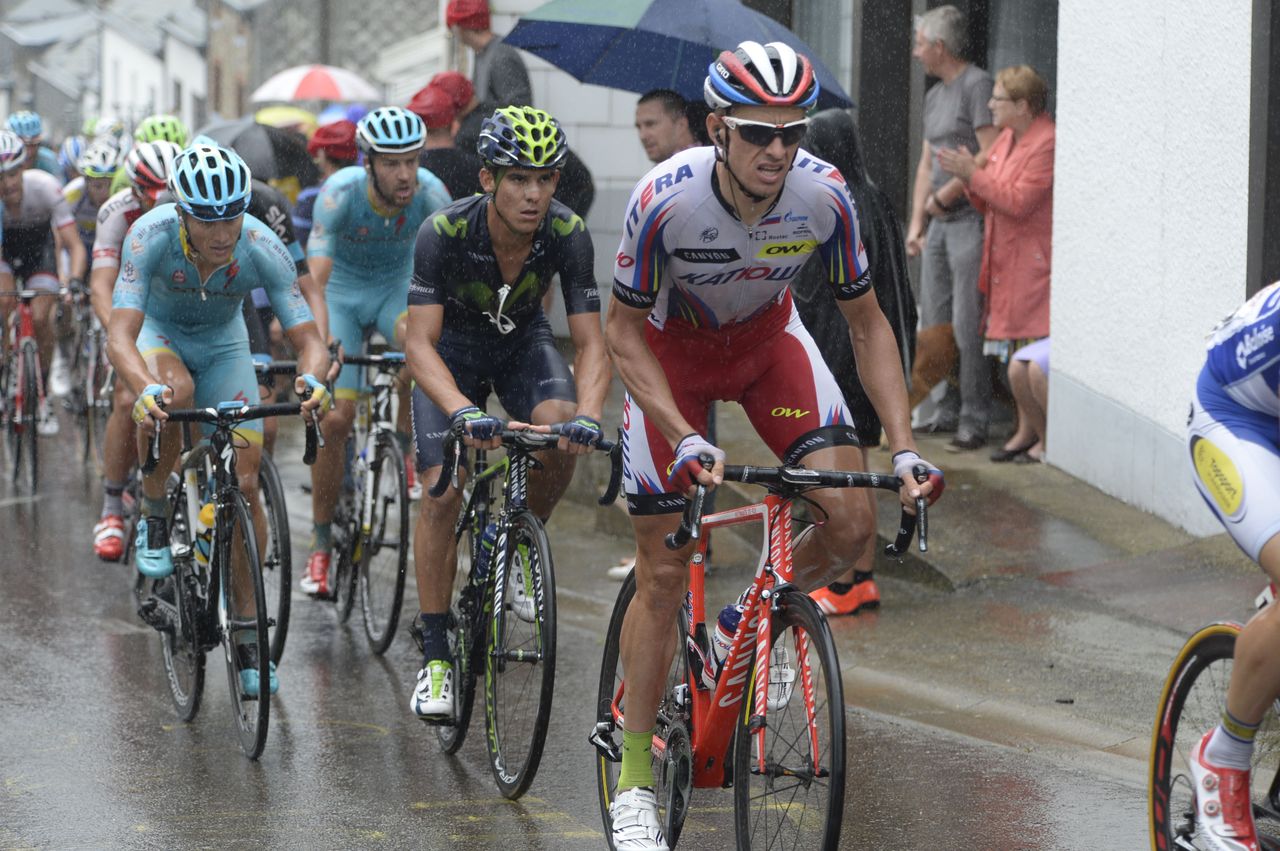 The riders head uphill