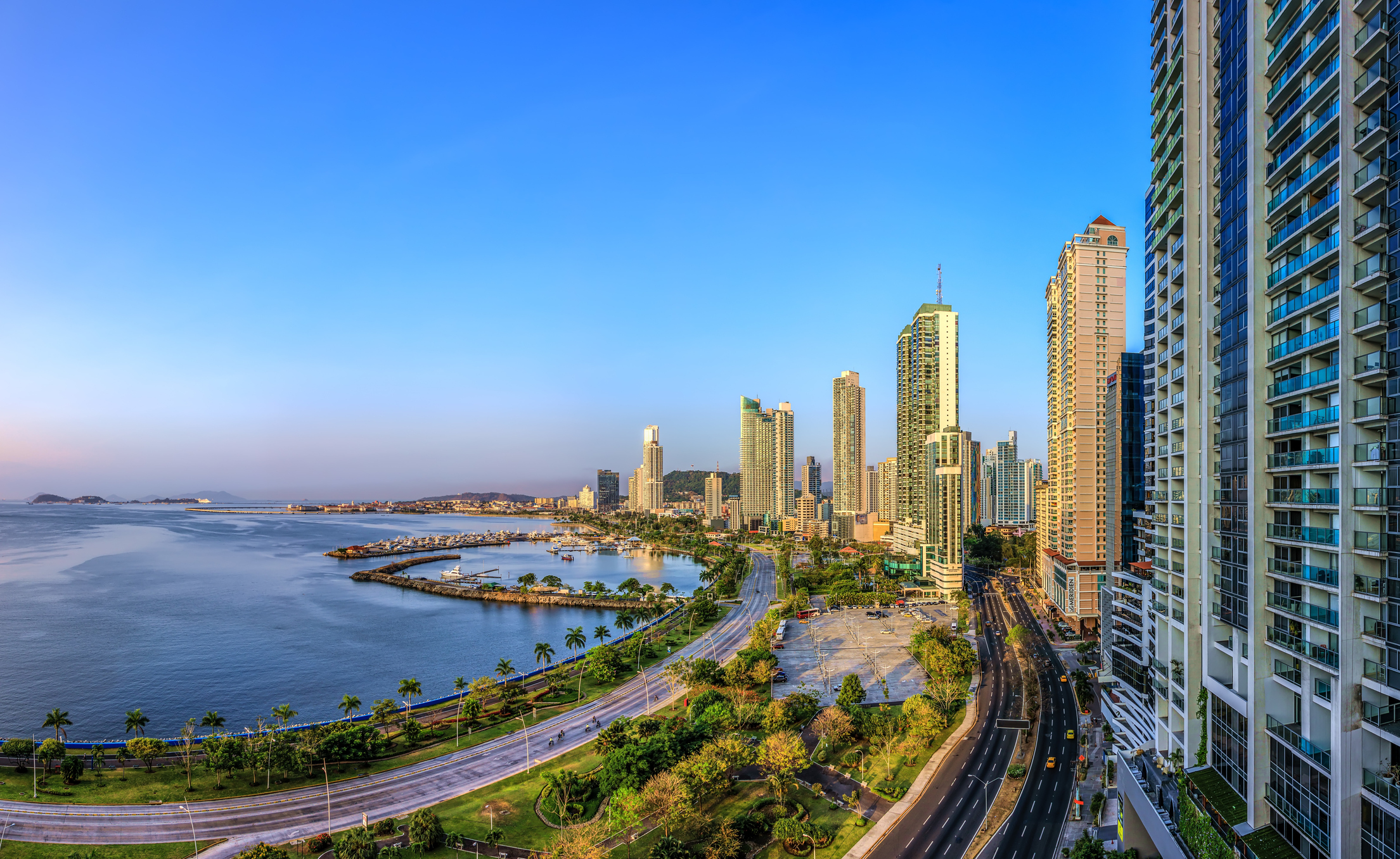 High angle view of Panama City skyline in the early morning