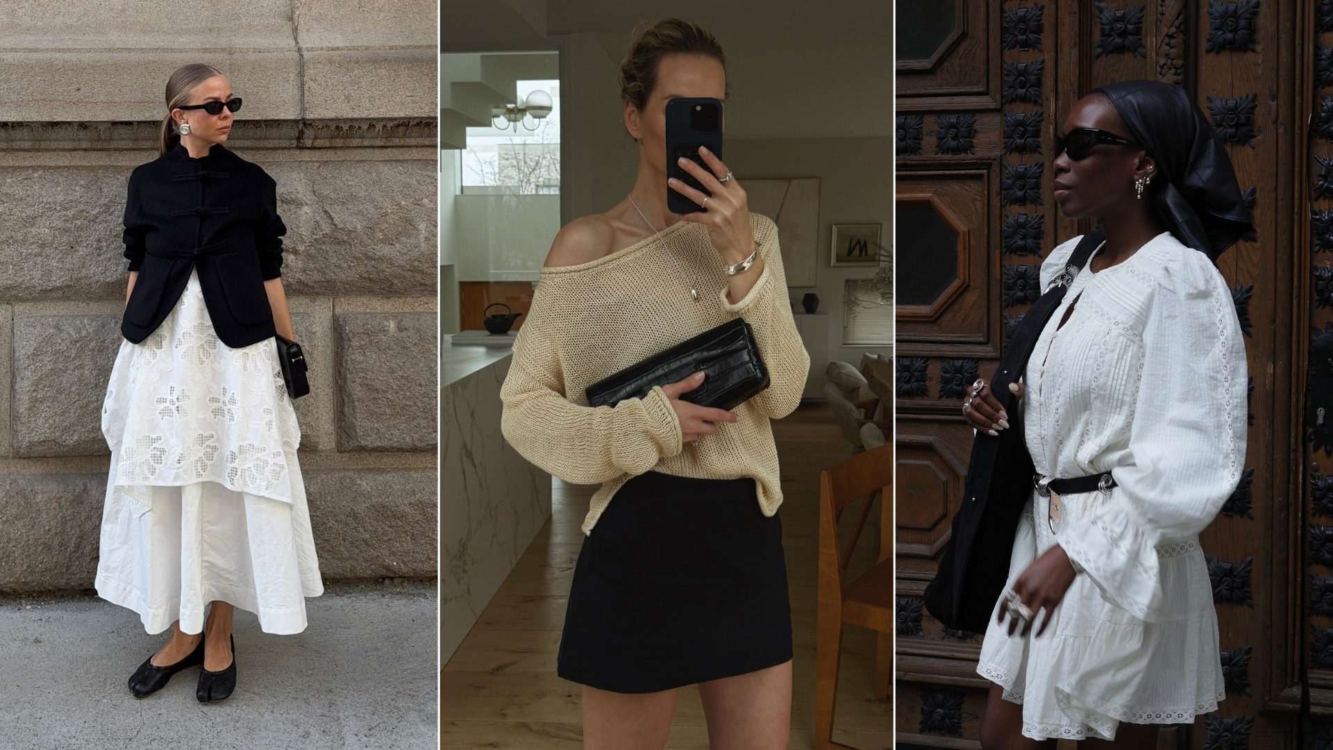 Three fashion people wear casual party outfits.