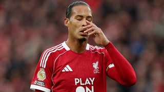 Virgil van Dijk of Liverpool reacts during the Premier League match between Liverpool and Manchester United at Anfield on October 19, 2025 in Liverpool, England. 
