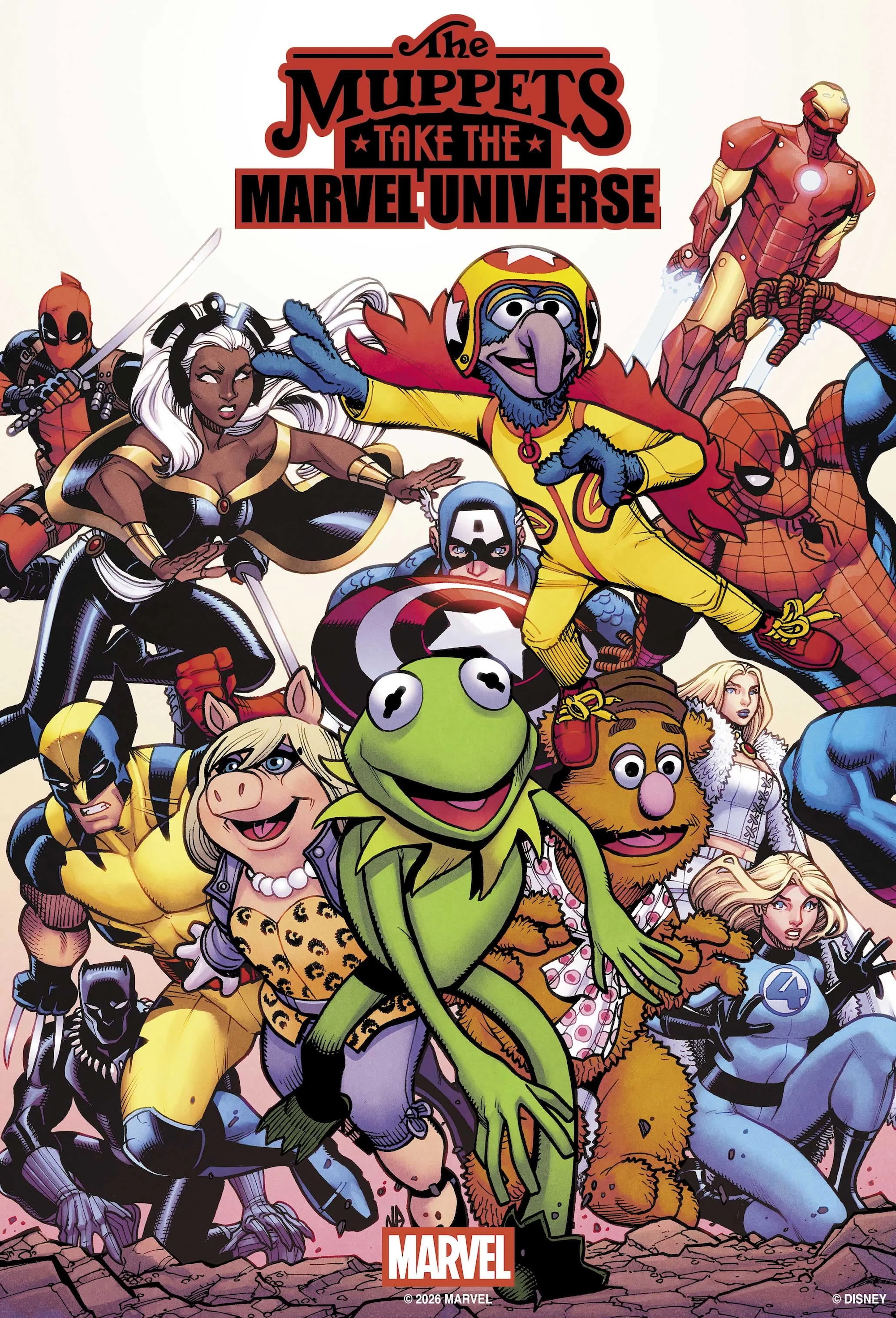 Main Cover for The Muppets Take The Marvel Universe, featuring Kermit, Miss Piggy, Fozzie, Sue Storm, Wolverine, Black Panther, Spider-Man and more
