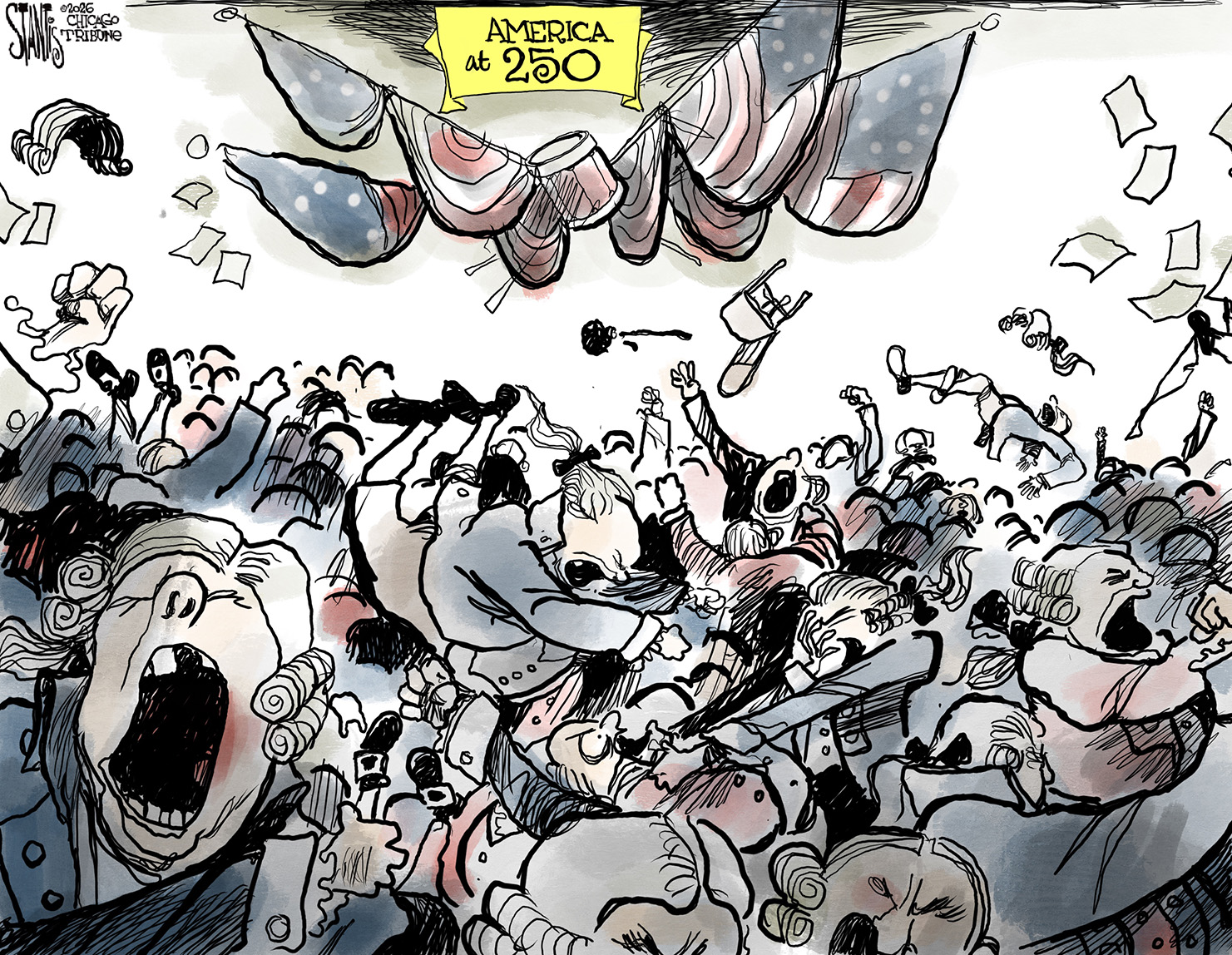 This cartoon is titled &amp;ldquo;America at 250&amp;rdquo;. It depicts a room full of brawling, angry people, fighting each other.