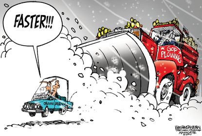 Political cartoon U.S. blizzard Obama