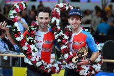 Benjamin Thomas and Fabio Van den Bossche with the prizes for winning the Gent Six Day 2024