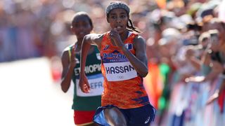 Sifan Hassan of Team Netherlands competes during the Women's Marathon on day sixteen of the Olympic Games Paris 2024