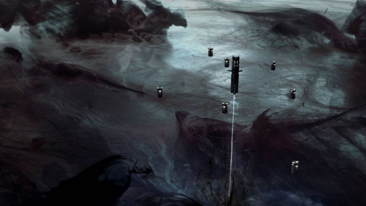 Concept art for Project Awakening, showing a number of floating devices surrounded by black clouds.