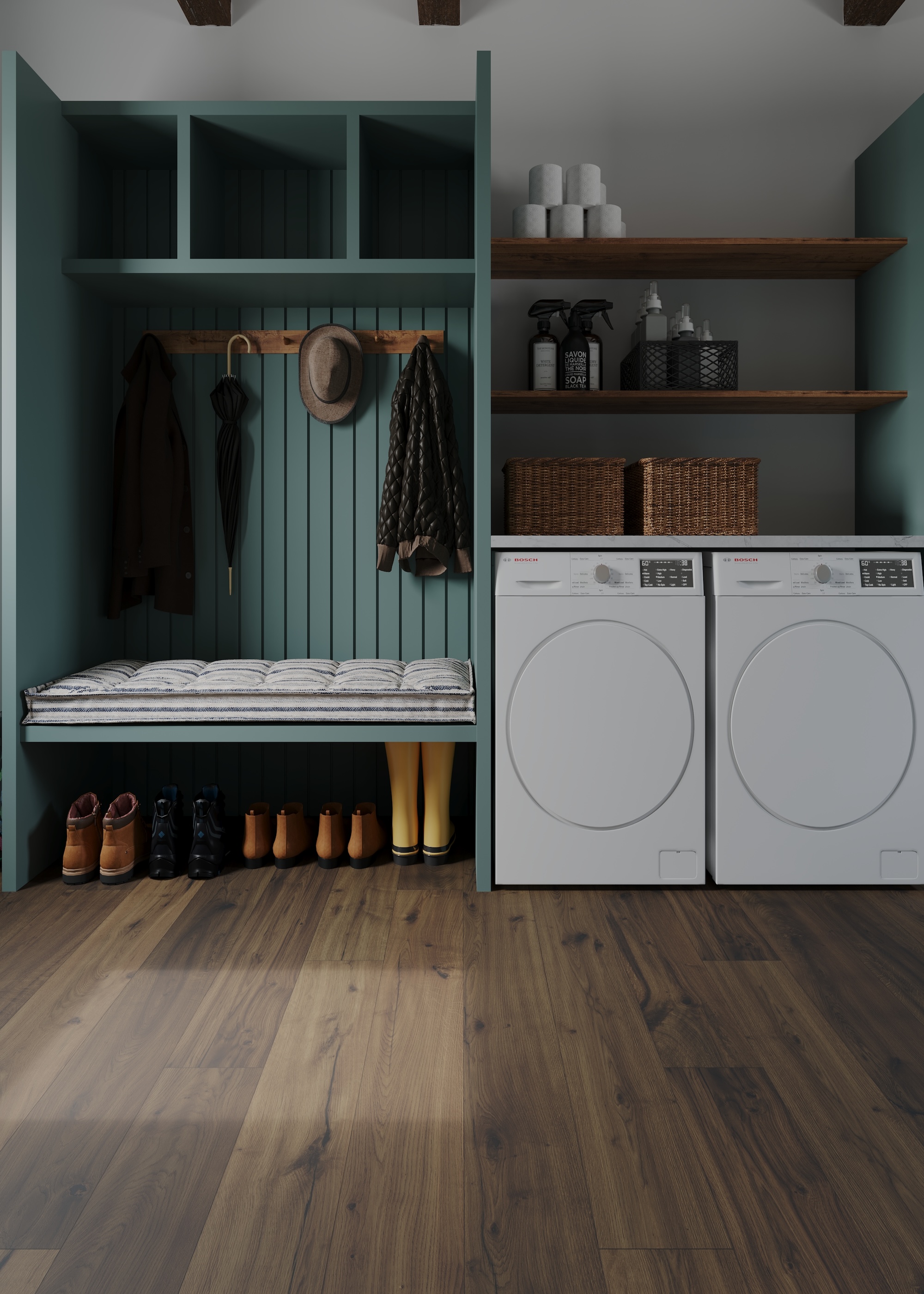 A neatly ordered, deep teal colored utility room showing laundry appliances, open shelving and a boot room area for hanging coats and storing shoes