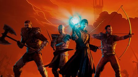 Hero artwork in Gothic 1 Remake cropped for a header image, showing four characters wielding a range of weaponry including axes, swords, bows, and magic