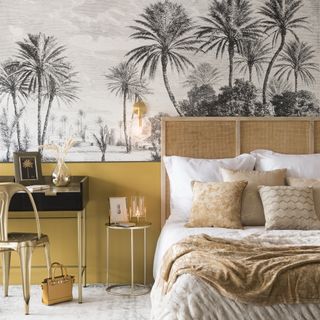 Wallpaper in bedroom with furniture from Maisons du Monde