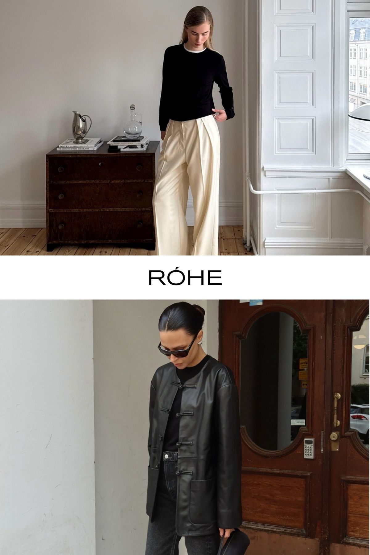 Woman wears black sweater, cream tailored trousers; woman wears black leather jacket, black top and black jeans