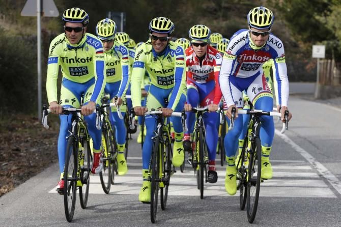 Peter Sagan's Slovakian national champion's jersey stands out compared ot the Tinkoff-Saxo yellow and blue