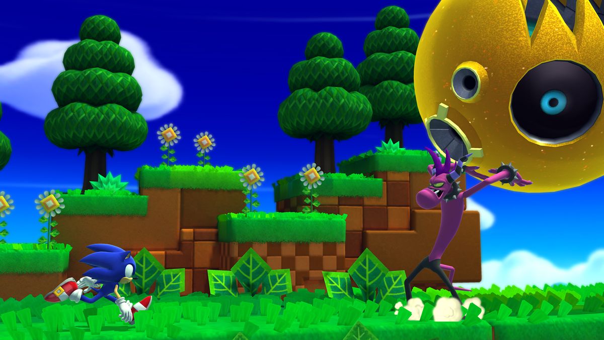 Sonic Lost World on the Wii U shows Sonic going up against a boss on a vibrant, verdant platform