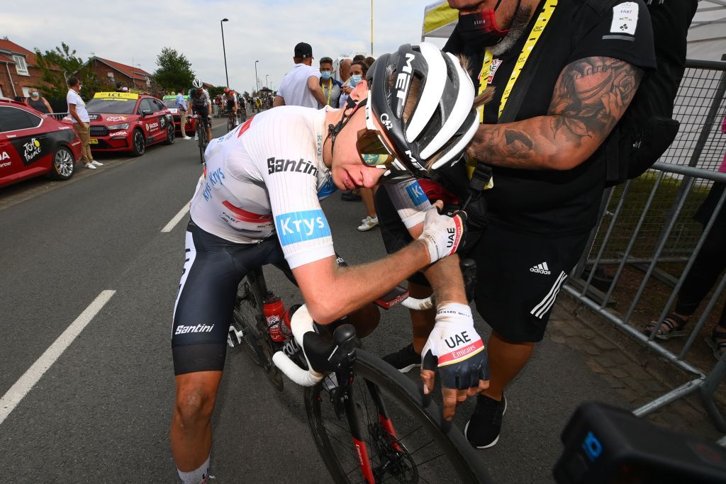 UAE Team Emirates teams Slovenian rider Tadej Pogacar wearing the best youngs white jersey 2ndR rests on his bicycle after the 5th stage of the 109th edition of the Tour de France cycling race 1537 km between Lille and Arenberg Porte du Hainaut in northern France on July 6 2022 Photo by Tim De Waele POOL AFP Photo by TIM DE WAELEPOOLAFP via Getty Images