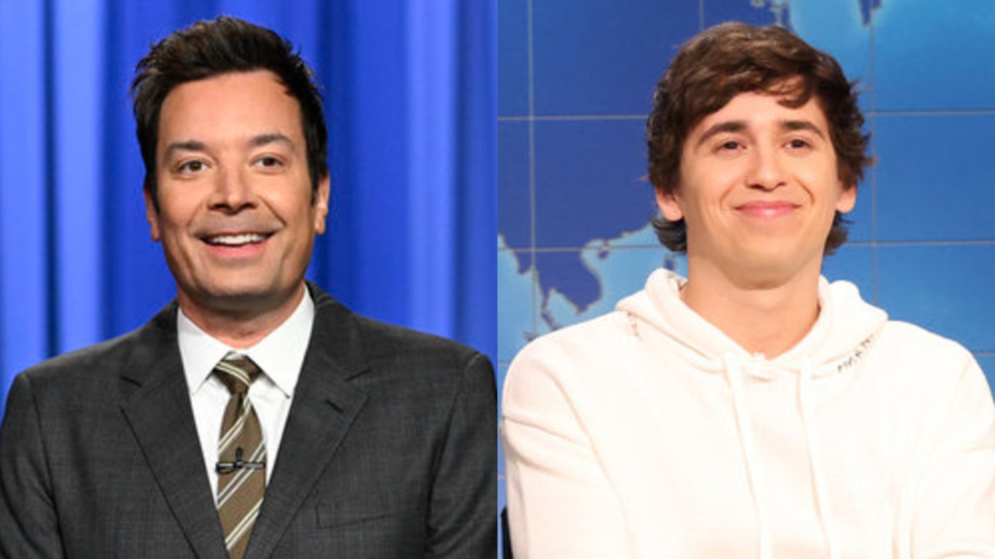 From L to R: Jimmy Fallon on The Tonight Show, Marcello Hern&aacute;ndez as himself on Weekend Update on Saturday Night Live.