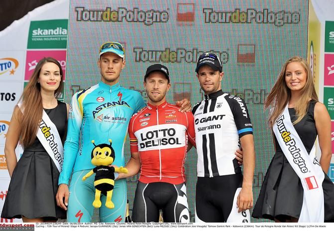 The stage 4 podium: Jacopo Guarnieri, Jonas Vangenechten and Luka Mezgec