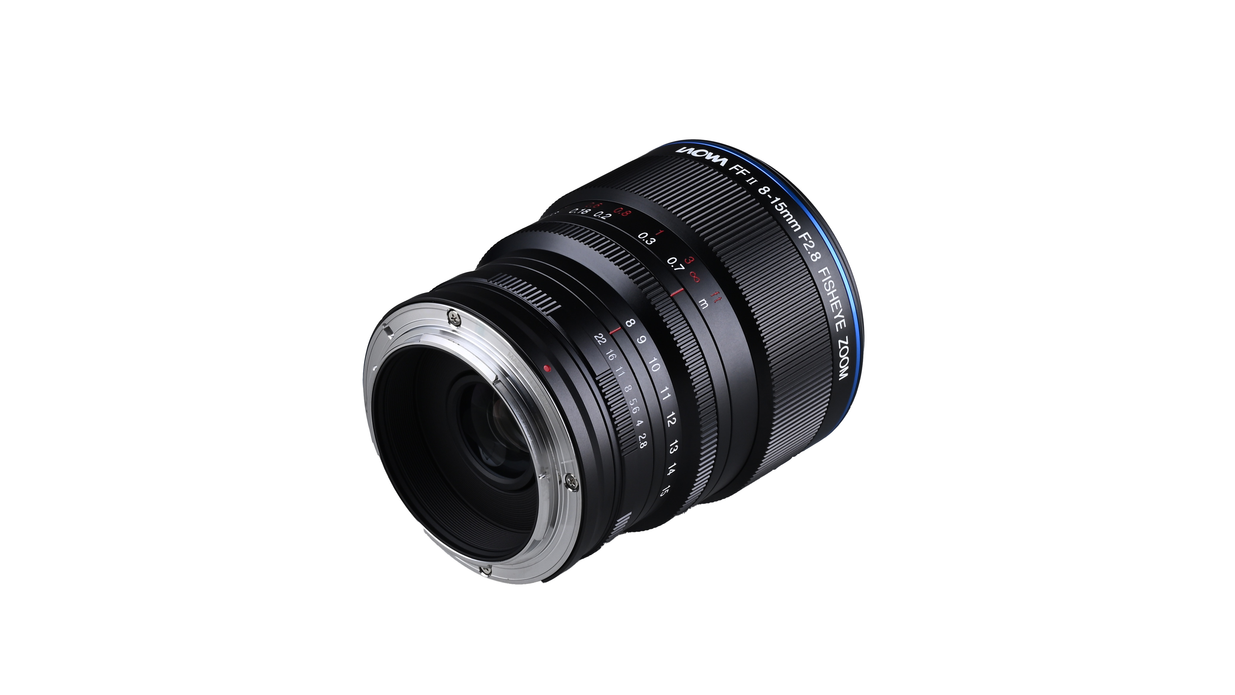An image of the Laowa 8-15mm f/2.8 on a white background