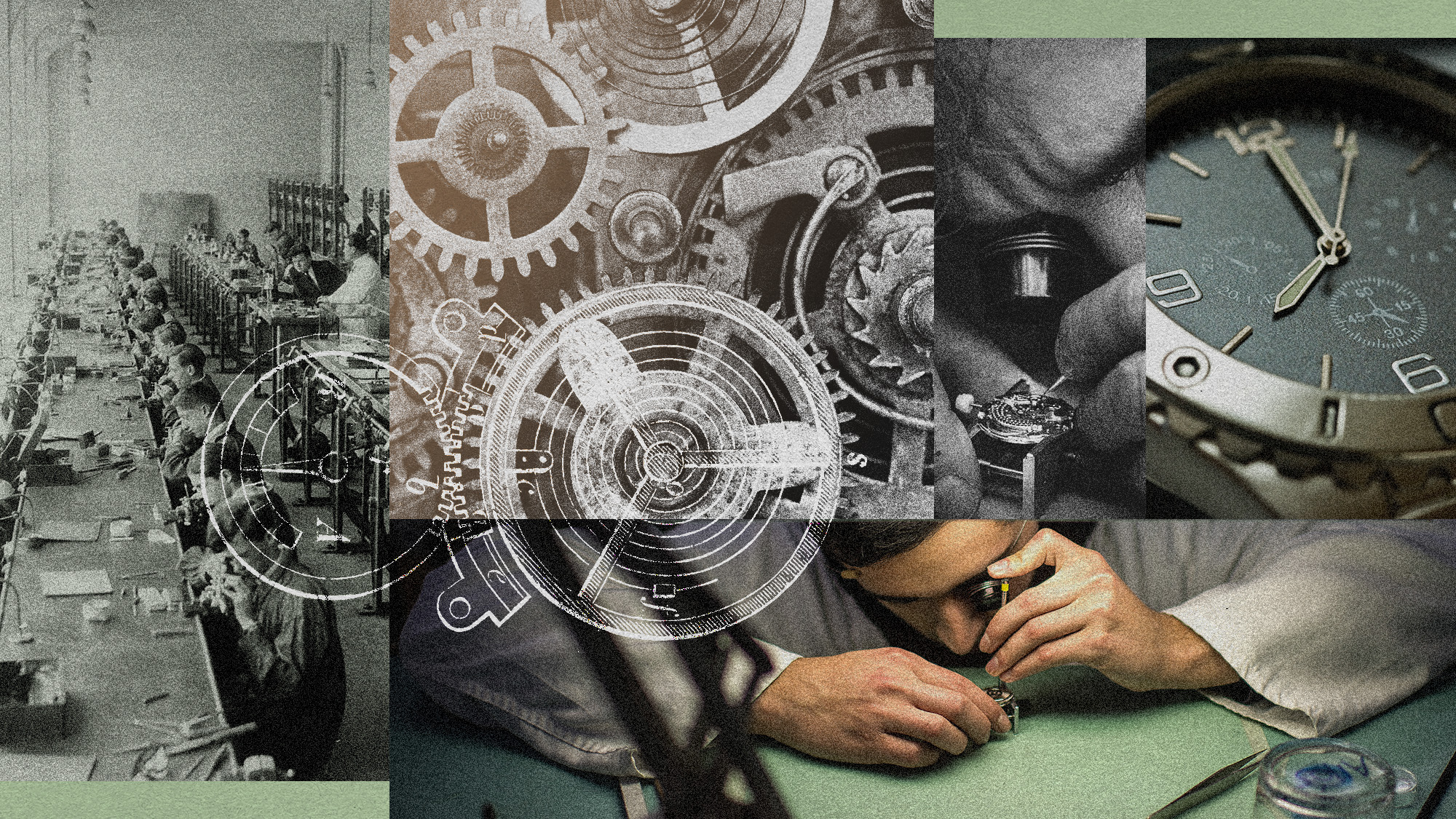 Photo collage of watchmakers at work and close-up photos of watch mechanisms
