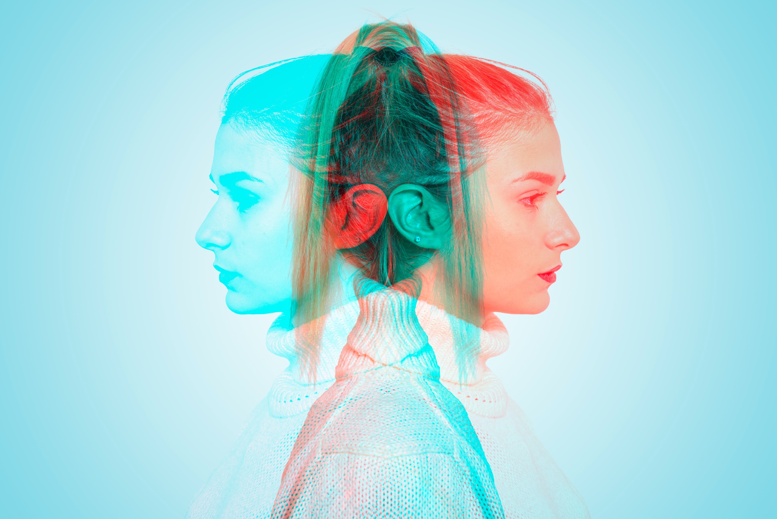 Digital manipulation of a young woman looking in different directions.