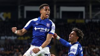 Omari Hutchinson of Ipswich Town celebrates scoring ahead of the Brighton vs Ipswich live stream