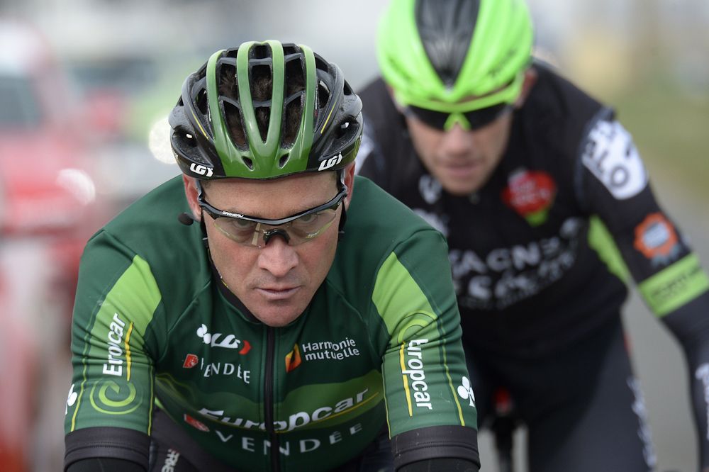 France's Thomas Voeckler (L) and France's Anthony Delaplace ride in a breakaway during the first stage of the 73rd edition of the Paris-Nice.