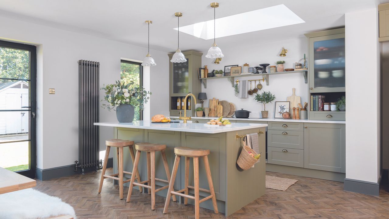 Sage green shaker kitchen with island