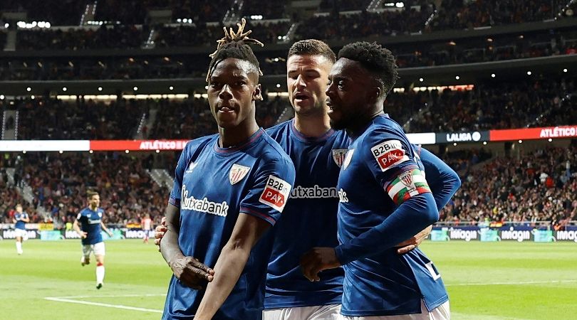 Nico Williams points to his skin colour after scoring for Athletic Club against Atletico Madrid in April 2024, having earlier been targeted by racial abuse from some of the home fans.