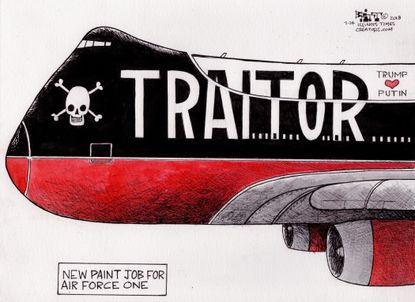 Political cartoon U.S. Trump Putin Air Force One new paint traitor