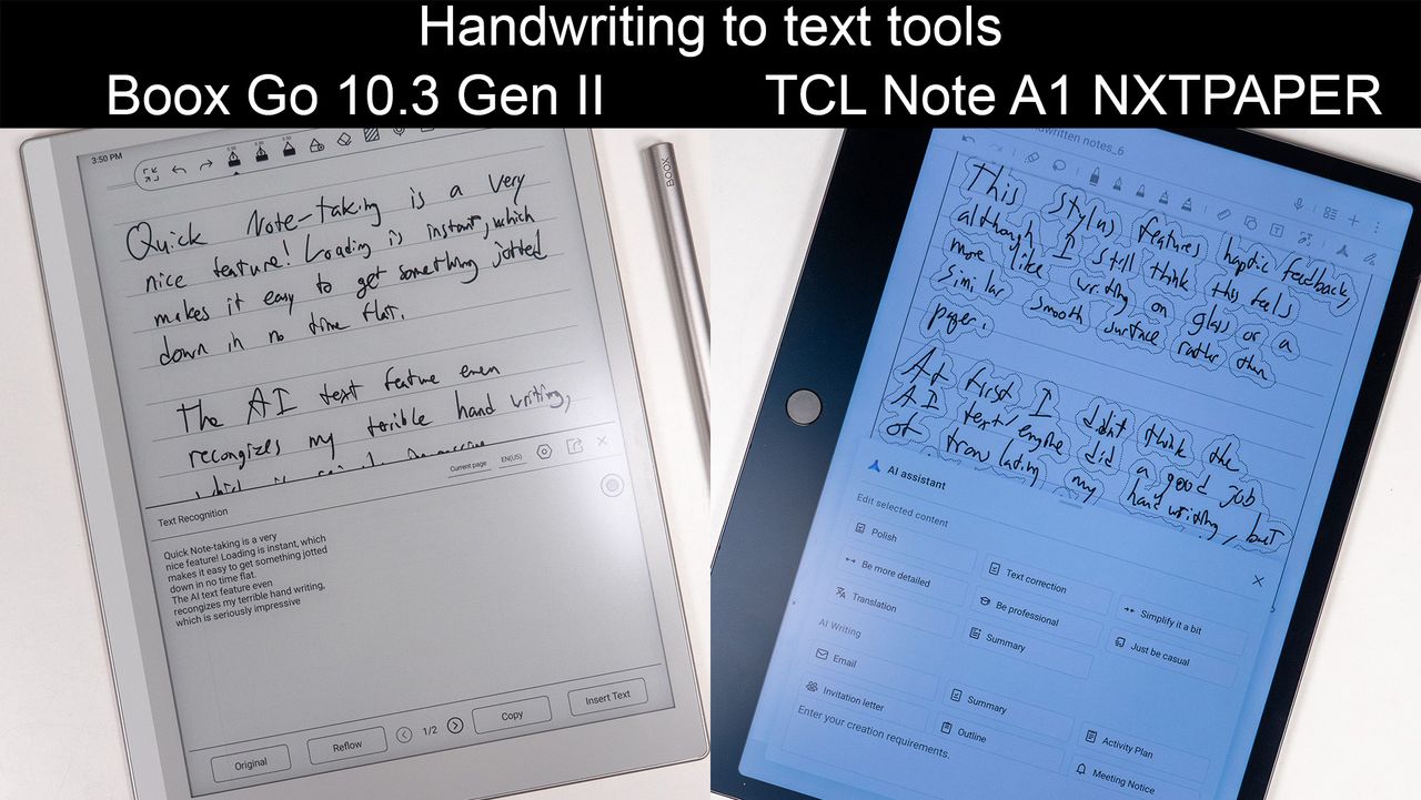 Comparing the handwriting-to-text note-taking tools between the Boox Go 10.3 Gen II and the TCL Note A1 NXTPAPER