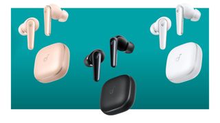 Three Soundcore Liberty 5 wireless gaming earbuds on a blue background