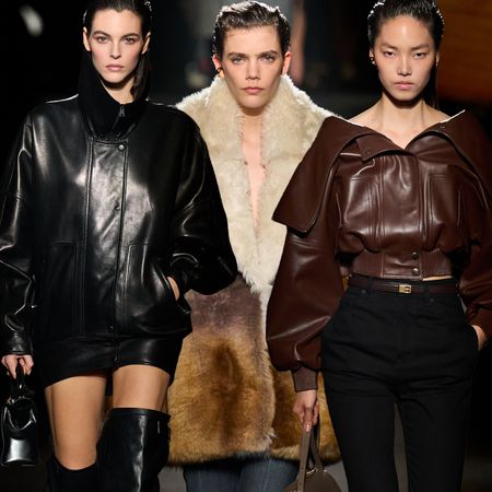 A collage showing models walking in the F/W 26 Balenciaga show during Paris Fashion Week.