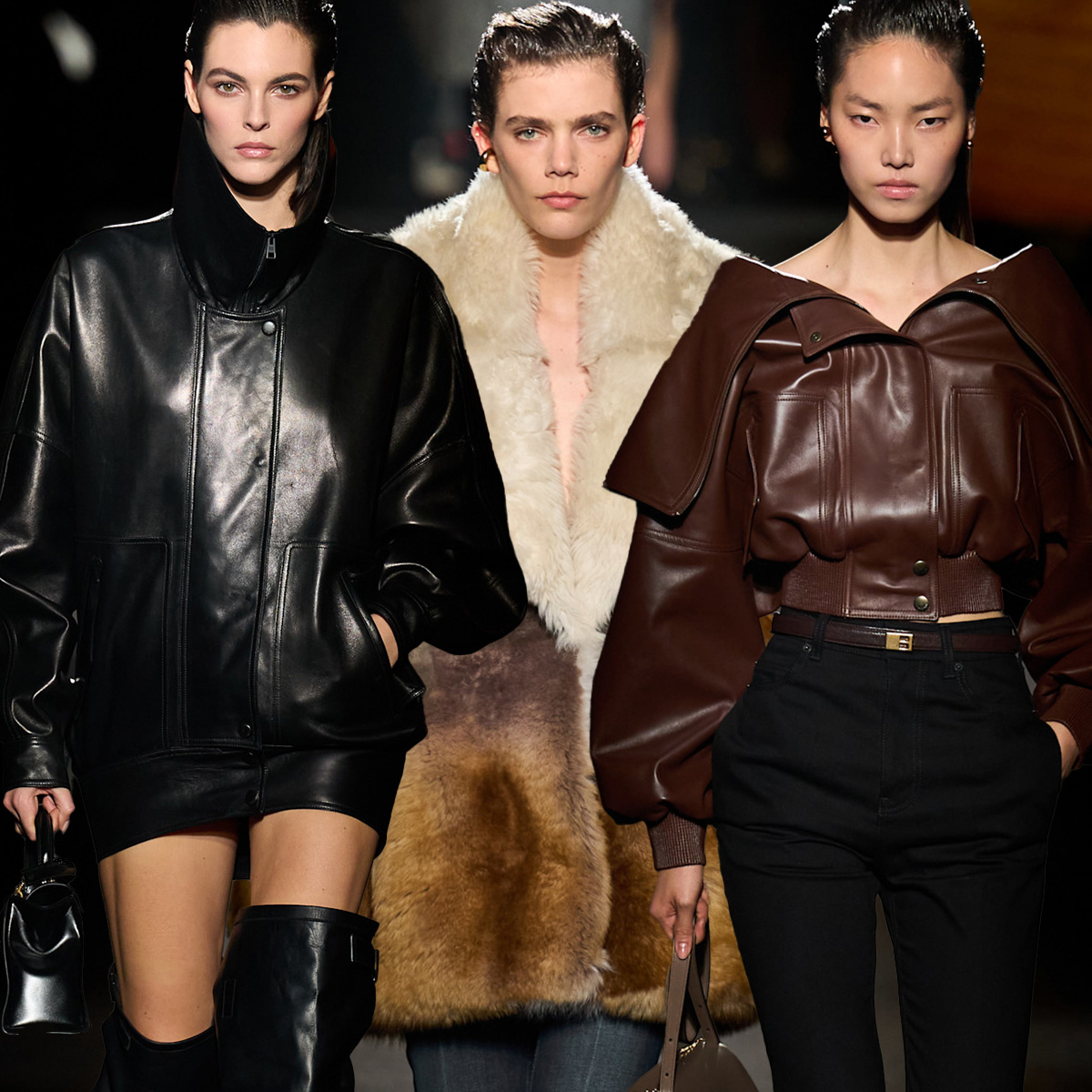 A collage showing models walking in the F/W 26 Balenciaga show during Paris Fashion Week.