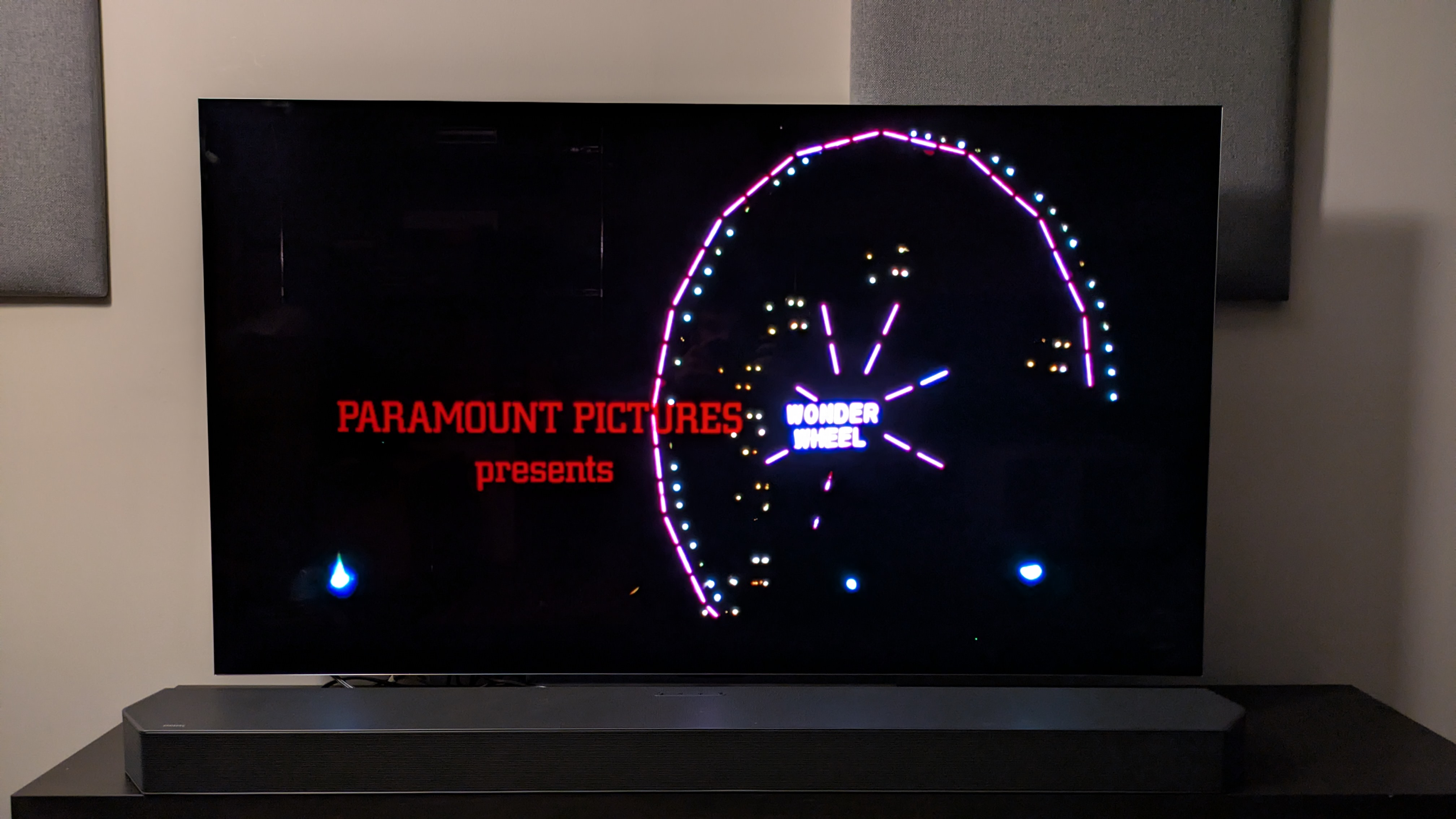 The Warriors 4K Blu-ray showing opening titles on screen with Wonder Wheel on display