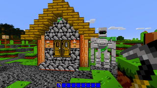 Pack de textures Minecraft - Retro NES - Une maison de village minecraft et un golem de fer avec des couleurs de style de jeu rétro NES et des contours noirs épais