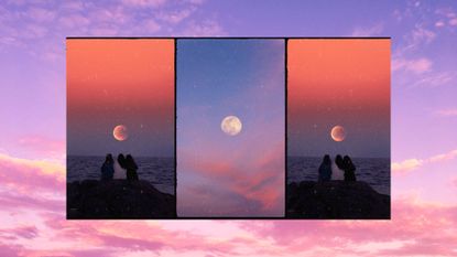 august 2022 full moon feature image; pink skies with three full moon photos at its center