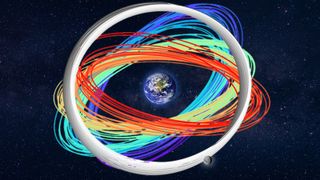 An illustration of 1 million orbital trajectories between Earth and the moon