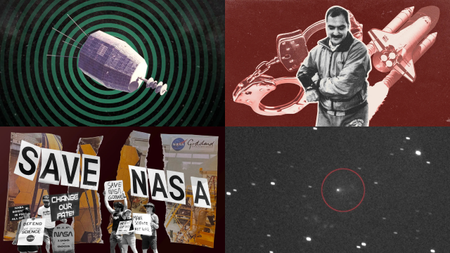 Four images next to each other with the top left being a black and white image of a satellite with green circles, the top right being a black and white image of a man in front of a red background, the bottom left showing cutouts of protestors on an orange background and the bottom right a deep space image showing a circled dot. 