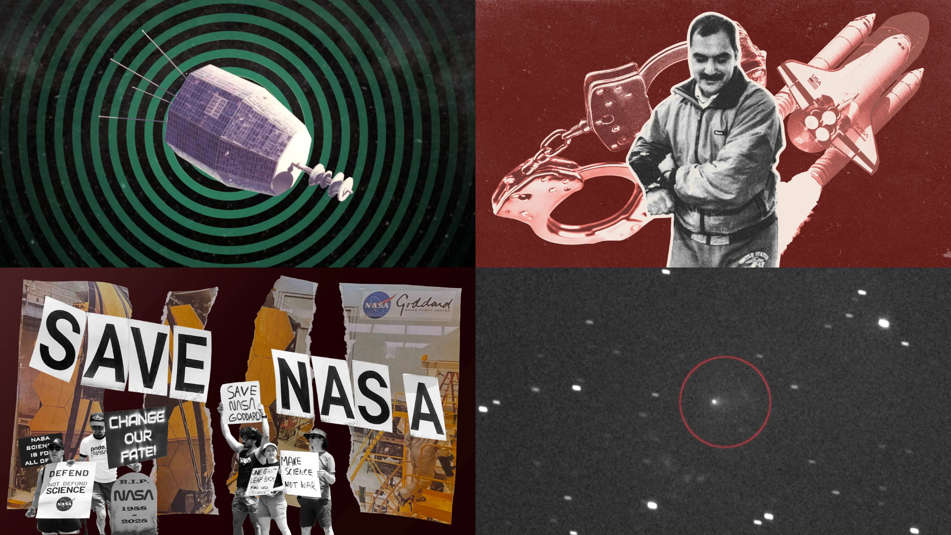 Four images next to each other with the top left being a black and white image of a satellite with green circles, the top right being a black and white image of a man in front of a red background, the bottom left showing cutouts of protestors on an orange background and the bottom right a deep space image showing a circled dot. 